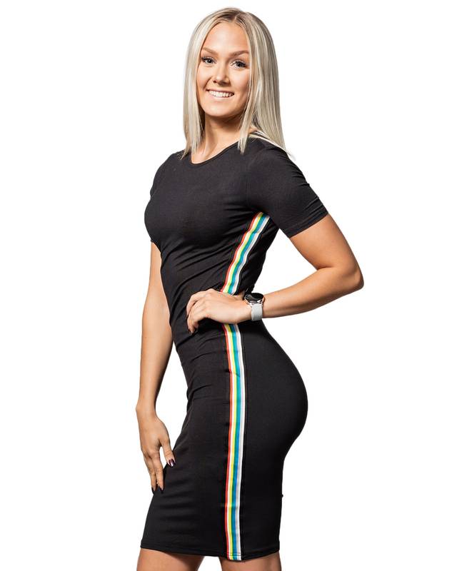 rainbow black dress Pom Pom front bodice add retro polish Current Mood Plus Size Rainbow